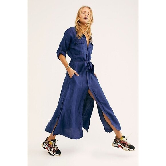 CP Shades Dresses & Skirts - NWT Free People x CP Shades Allie Maxi in Indigo Blue Linen Shirt Dress L